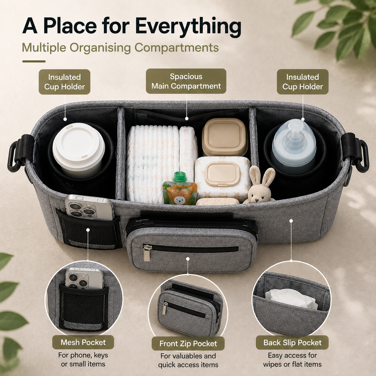 Large Multi-Pocket Baby Pram Organiser Bag