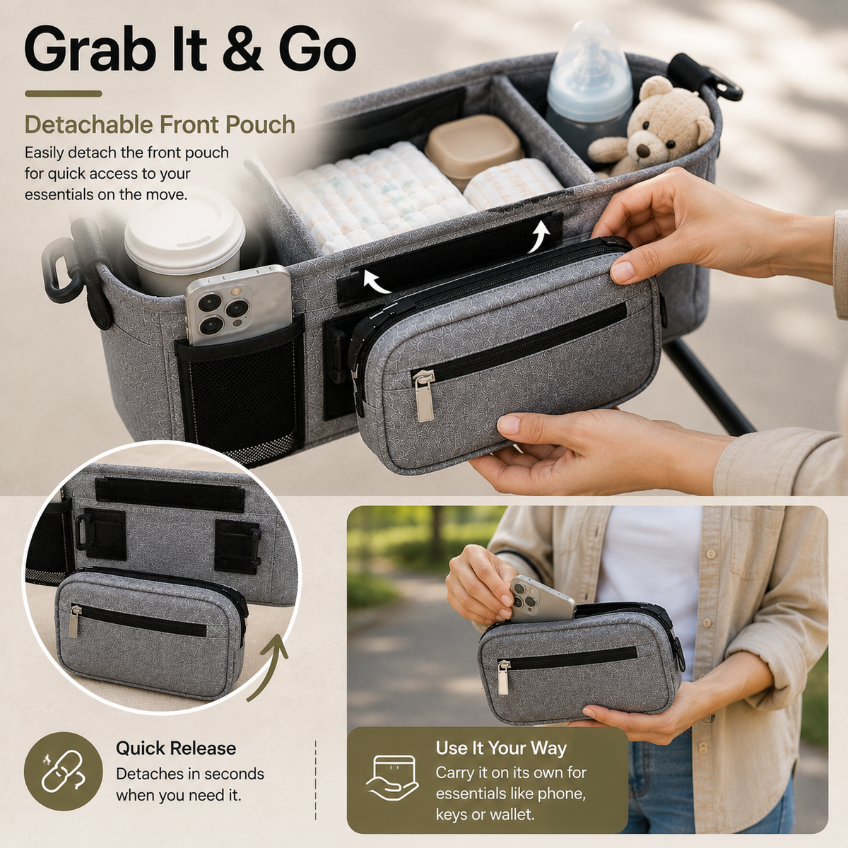 Large Multi-Pocket Baby Pram Organiser Bag
