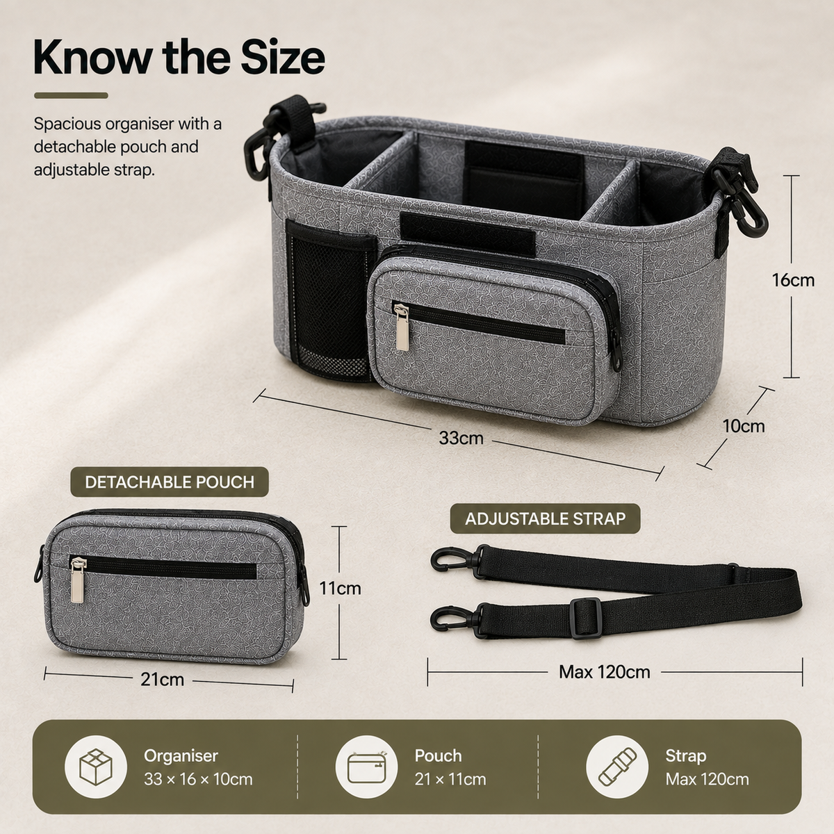 Large Multi-Pocket Baby Pram Organiser Bag